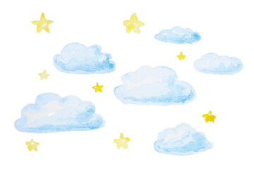 Watercolor painting of clouds and stars isolated on white, top view