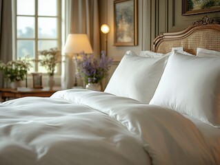 Soft White Bedding in a Bright Bedroom With Natural Light Streaming Through the Window and Floral Accents Enhancing the Cozy Atmosphere