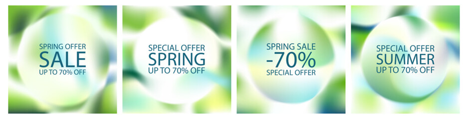 Abstract gradient background. Green color light vector blurred mesh. Organic fluid texture poster design set. Pastel liquid pattern in round glass lens. Soft sunny garden minimal backdrop. Modern wave