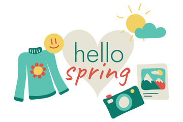 Hello Spring, seasonal symbols. Set of Springtime objects - photos, camera, sweater. Emoji, sun and cloud. Message. Long-sleeved clothes with flower. Children drawing, hand-drawn. Vector illustration