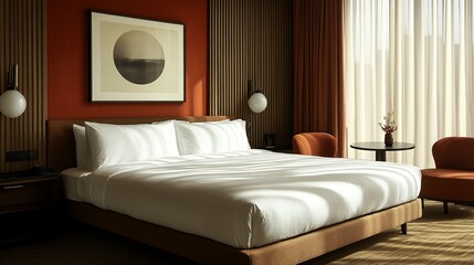 Fototapeta premium Cozy Hotel Room Featuring Modern Decor and Serene Ambiance With Natural Light During the Afternoon