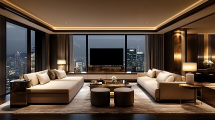 Fototapeta premium Luxurious Modern Living Room Interior With City Skyline View at Night Showcasing Elegant Design and Comfortable Furnishings