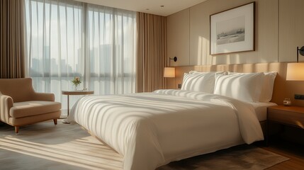 Modern Bedroom With Large Windows and Soft Sunlight Illuminating Elegant Furnishings in a Stylish City Hotel During the Morning