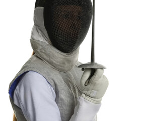 Fencer with epee on white background. Combat sport