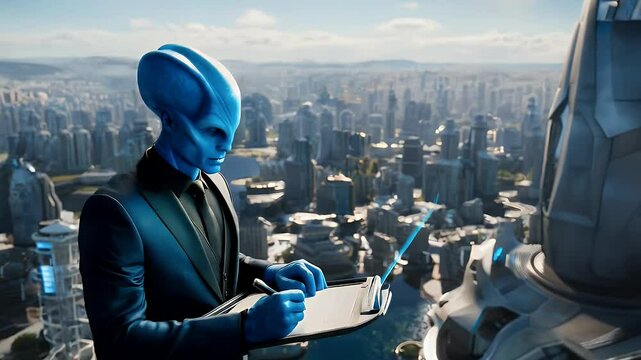 Alien character working with technology in futuristic city skyline