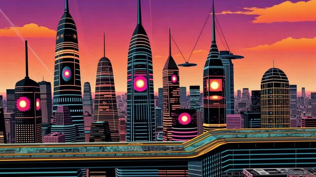 Neon-Spired Sunset Cityscape: A Vibrant Futuristic Skyline Soaring into Tomorrow. Retro Future Vector Style Cartoon Graphic Novel Animation Clip. 