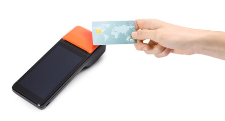 Woman with credit card using payment terminal on white background, closeup