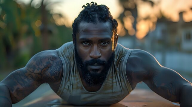 Athletic African American man doing push-ups outdoors during sunset workout. Muscular build, beard, and focused expression demonstrate strength and determination