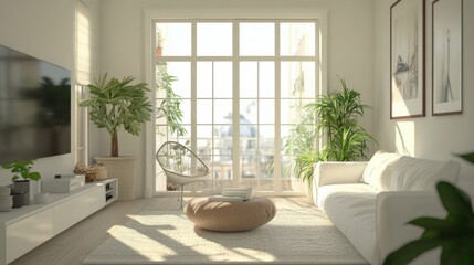 Fototapeta premium A bright, airy apartment living room with white walls and vibrant green indoor plants