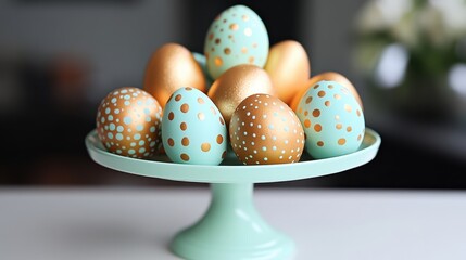 A colorful cake plate filled with beautifully decorated eggs adorned with gold dots, celebrating the joy of Easter.