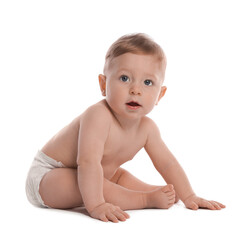 Little baby in diaper on white background