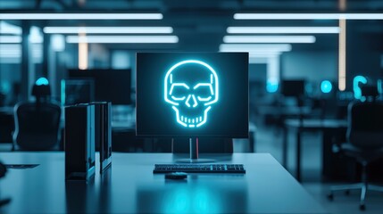 A glowing skull symbol on a monitor in a dimly lit office, suggesting themes of technology, danger, or cybersecurity.
