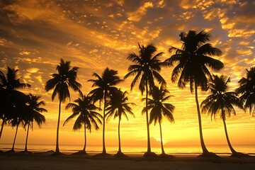 Silhouetted palm trees stand on a beach at sunset. The sky is ablaze with vibrant orange and yellow hues. A tranquil, idyllic tropical scene.