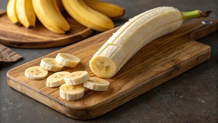 Close up of a peeled banana sliced on a wooden cutting board with more bananas in the background ready for preparation