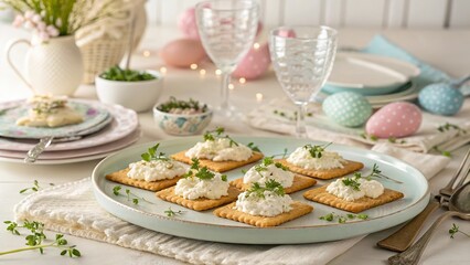 Festive Easter gathering featuring cottage cheese spread on crackers with colorful decorations and elegant tableware
