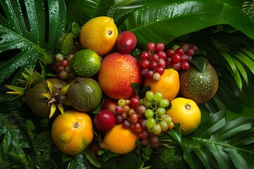 A lush arrangement of diverse tropical fruits including mangoes, passion fruits, grapes, and other exotic varieties nestled amongst vibrant green leaves.