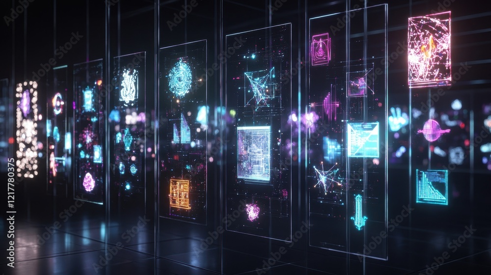 Poster glowing holographic panels displaying complex data analysis and information processing in a futurist