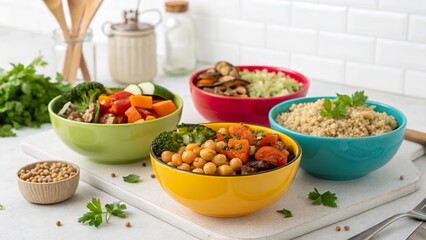 Healthy meal prep station showcasing colorful bowls filled with nutritious ingredients surrounded by fresh herbs