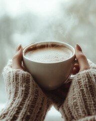 Warm Hands Hold a Steaming Cup of Coffee in a Cozy Setting by the Window During a Chilly Morning