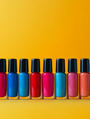 Row of colorful nail polish bottles on yellow background.