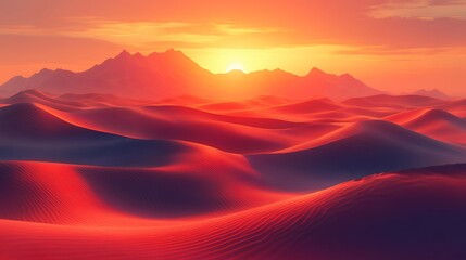 Fototapeta premium Surreal Sunset Casts Warm Hues Over the Undulating Dunes and Distant Mountains in a Serene Desert Landscape