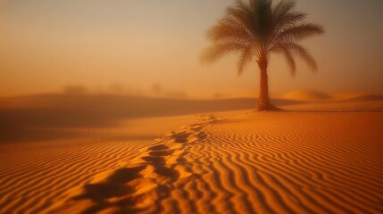 Sand Dunes and Palm Tree Under Golden Sunset in Serene Desert Landscape