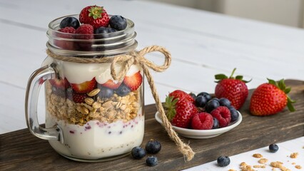 Fresh granola yogurt parfait in mason jar with fruit in a cozy kitchen setting