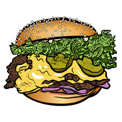 Colorful vector illustration of a delicious hamburger with cheese