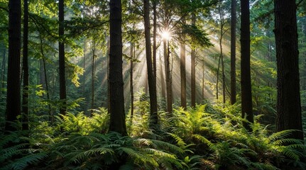Obraz premium Highly detailed forest, sun rays, tall trees, ferns, forest thicket, daytime forest