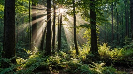 Obraz premium Highly detailed forest, sun rays, tall trees, ferns, forest thicket, daytime forest