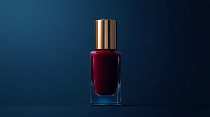 Red nail polish bottle with a gold cap on a dark background.