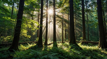 Obraz premium Highly detailed forest, sun rays, tall trees, ferns, forest thicket, daytime forest