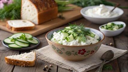 Rustic table setting featuring cottage cheese with fresh cucumber slices and artisanal bread in a cozy kitchen environment