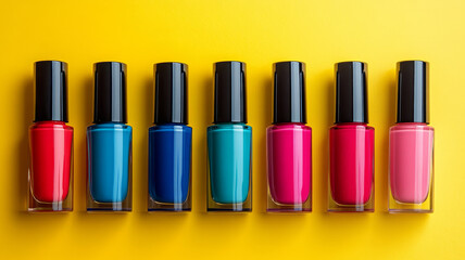 Row of colorful nail polish bottles on a yellow background.