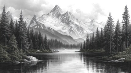 Monochrome mountain lake serene landscape; misty forest reflection, calm; nature print