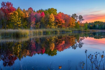 A tranquil lake mirrors the breathtaking colors of autumn trees at sunrise. Red, orange, and yellow leaves create a stunning reflection in the calm water.