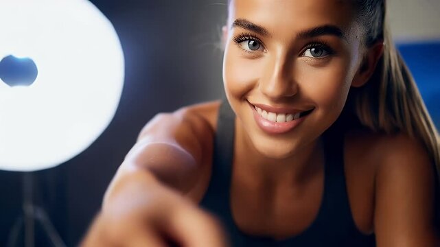 Smiling young woman shares fitness tips during an energetic home workout