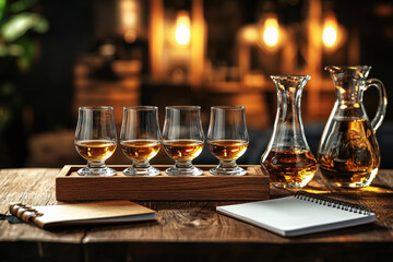 Refined whisky tasting experience with small glasses and rustic distillery ambiance
