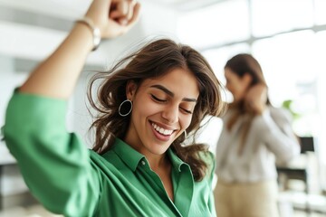 Celebrating success, a young businesswoman dances with excitement in a bright office environment surrounded by colleagues