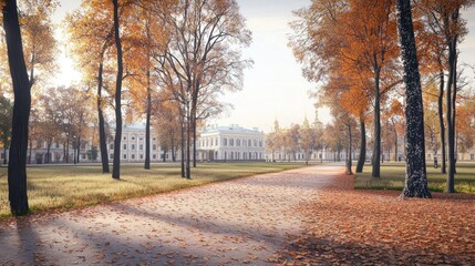 Autumnal park path leading to palace, sunrise