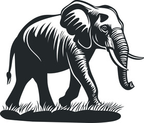 Obraz premium Stylized walking Elephant Silhouette: Black and White Woodcut Art with Vintage Engraving Aesthetic