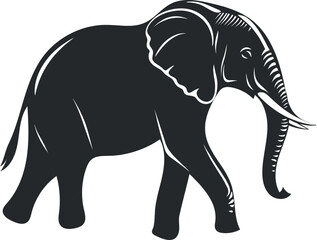 Fototapeta premium Stylized walking Elephant Silhouette: Black and White Woodcut Art with Vintage Engraving Aesthetic