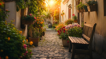 A cozy alley framed by flower boxes and rustic wooden benches.