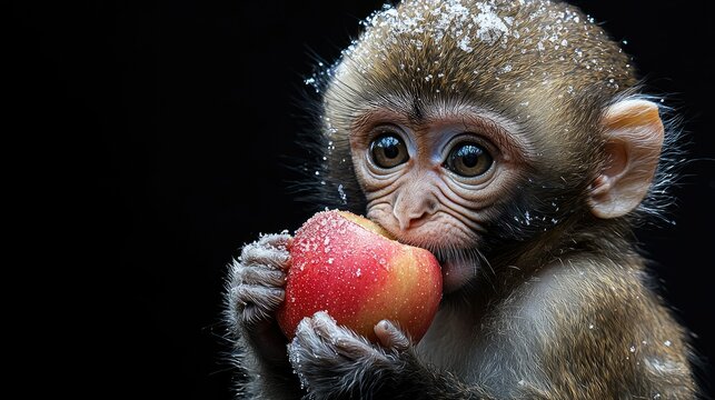 Adorable Snow Covered Monkey Eating Red Apple