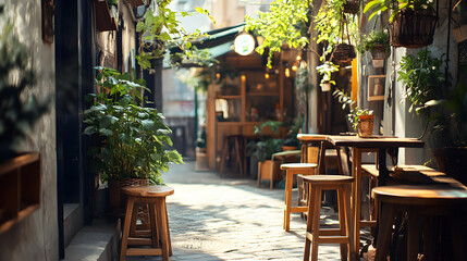 A cozy alley with handcrafted wooden stools surrounded by lush hanging plants.