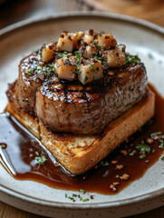 Grilled steak on toast with sauce and garnish.