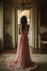 Fototapeta premium A woman stands gracefully in a flowing pink dress, capturing a moment of elegance and serenity as she gazes out towards the light-filled doorway, evoking a sense of tranquility.
