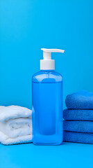 A bottle of blue liquid is on a blue surface next to a stack of blue towels