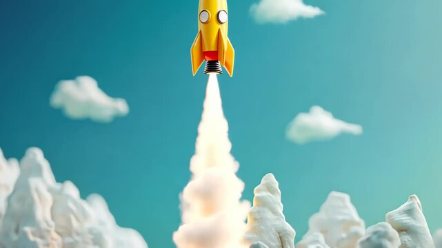 Bright yellow rocket launches into a clear blue sky surrounded by fluffy white clouds in a vivid artistic representation