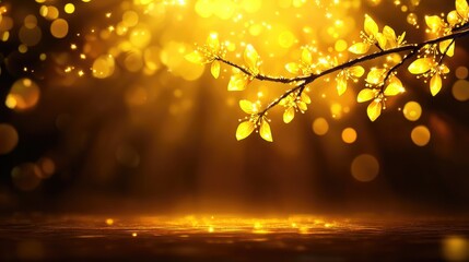 Golden leaves illuminated by soft light, creating a warm and serene atmosphere.